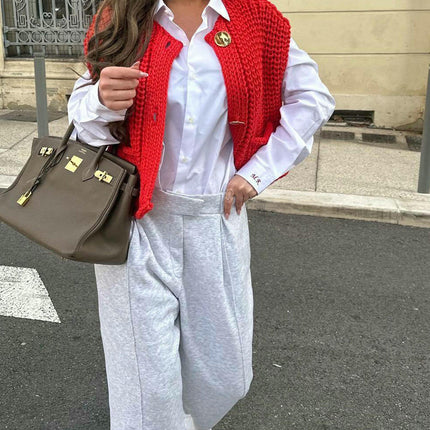 Button Sweater Women's Pocket Sleeveless Cropped Knitted Cardigan Vest