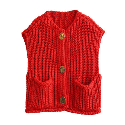 Button Sweater Women's Pocket Sleeveless Cropped Knitted Cardigan Vest