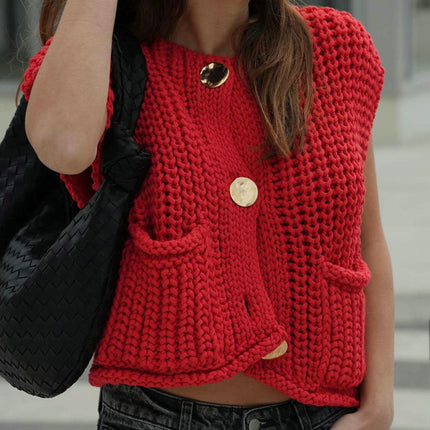 Button Sweater Women's Pocket Sleeveless Cropped Knitted Cardigan Vest