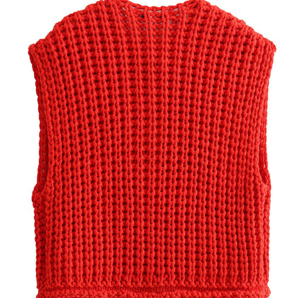 Button Sweater Women's Pocket Sleeveless Cropped Knitted Cardigan Vest