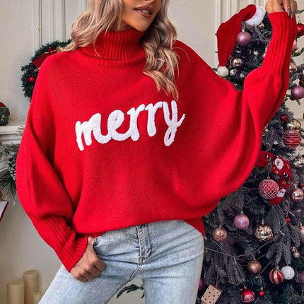 Sweater Women's Christmas Turtleneck Loose Pullover Bat Sleeve Knit Top