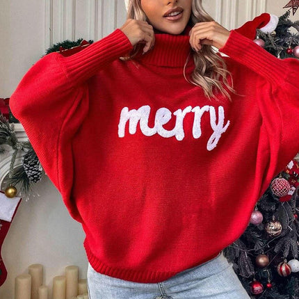 Sweater Women's Christmas Turtleneck Loose Pullover Bat Sleeve Knit Top