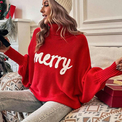 Sweater Women's Christmas Turtleneck Loose Pullover Bat Sleeve Knit Top