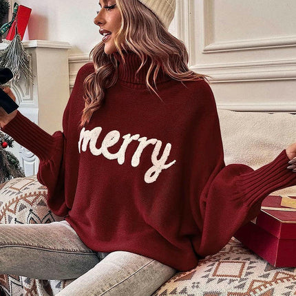 Sweater Women's Christmas Turtleneck Loose Pullover Bat Sleeve Knit Top