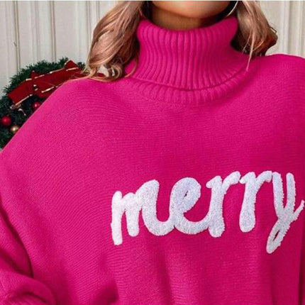 Sweater Women's Christmas Turtleneck Loose Pullover Bat Sleeve Knit Top