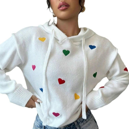 Women's Casual Long Sleeve Sweater Love Jacquard Hooded Pullover Cardigan