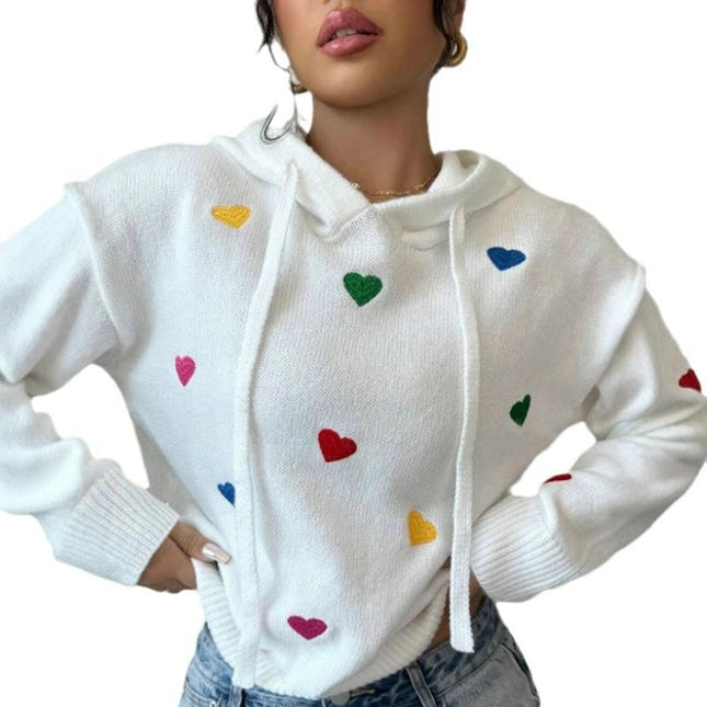 Women's Casual Long Sleeve Sweater Love Jacquard Hooded Pullover Cardigan