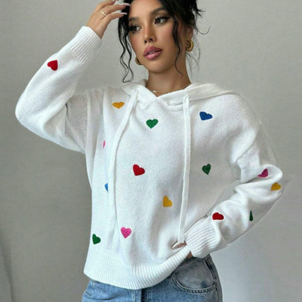 Women's Casual Long Sleeve Sweater Love Jacquard Hooded Pullover Cardigan