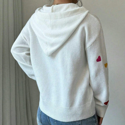 Women's Casual Long Sleeve Sweater Love Jacquard Hooded Pullover Cardigan