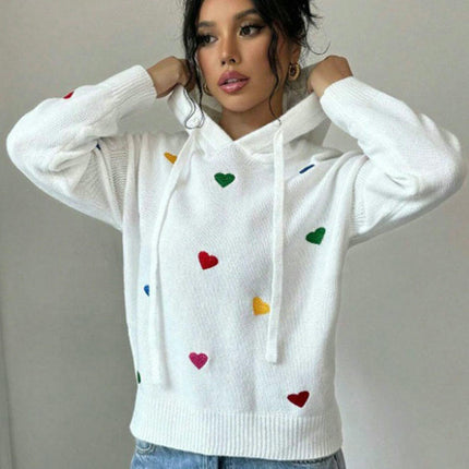 Women's Casual Long Sleeve Sweater Love Jacquard Hooded Pullover Cardigan