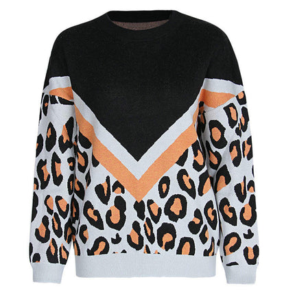 Women's Round Neck Long Sleeve Knitted Sweater - Leopard Print Pullover
