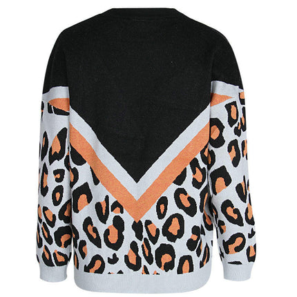 Women's Round Neck Long Sleeve Knitted Sweater - Leopard Print Pullover