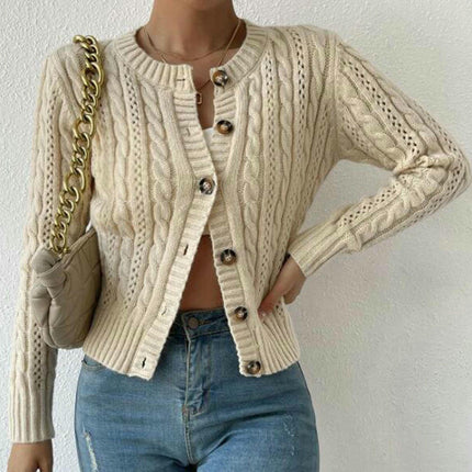 Women's Short Sweater Twisted Round Neck Button Cardigan Long Sleeve Jacket