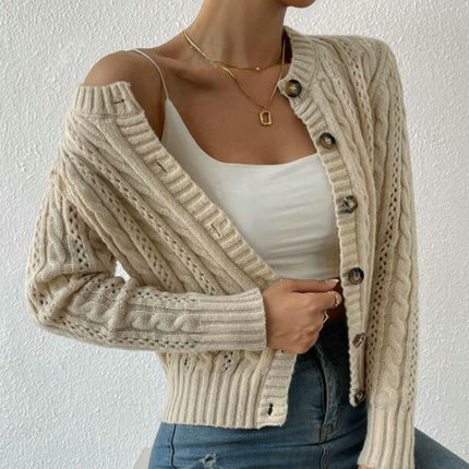 Women's Short Sweater Twisted Round Neck Button Cardigan Long Sleeve Jacket
