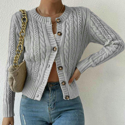 Women's Short Sweater Twisted Round Neck Button Cardigan Long Sleeve Jacket