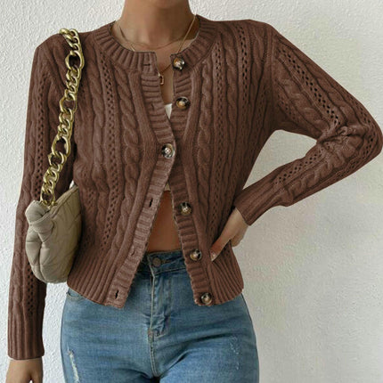 Women's Short Sweater Twisted Round Neck Button Cardigan Long Sleeve Jacket