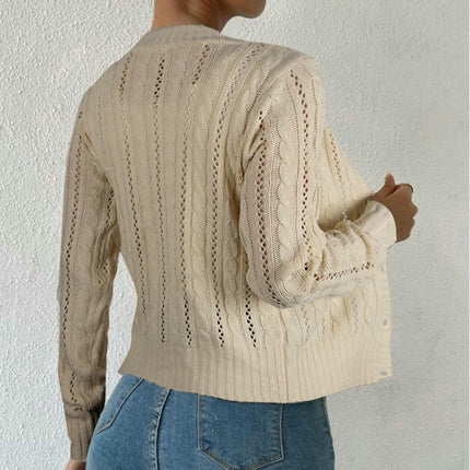 Women's Short Sweater Twisted Round Neck Button Cardigan Long Sleeve Jacket