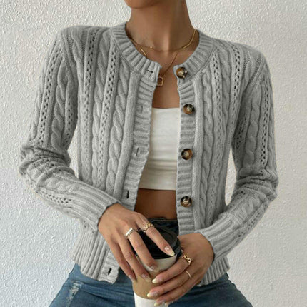 Women's Short Sweater Twisted Round Neck Button Cardigan Long Sleeve Jacket