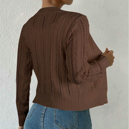 Women's Short Sweater Twisted Round Neck Button Cardigan Long Sleeve Jacket