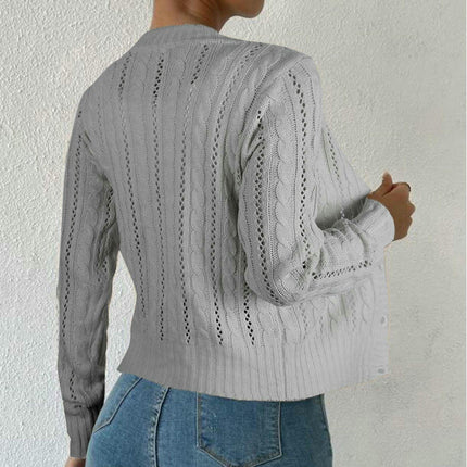 Women's Short Sweater Twisted Round Neck Button Cardigan Long Sleeve Jacket