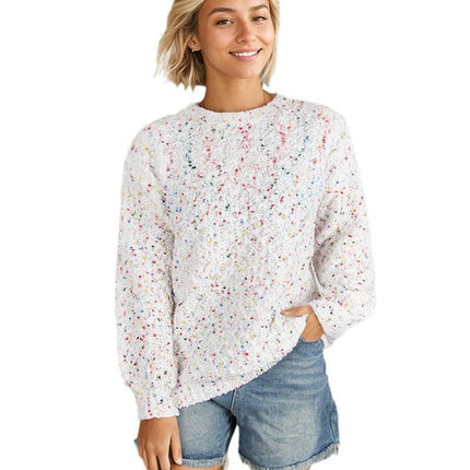 Round Neck Pullover Long Sleeve Knit Top Colorful Dot Women's Sweater