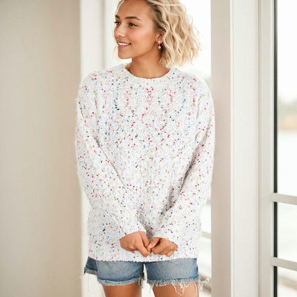 Round Neck Pullover Long Sleeve Knit Top Colorful Dot Women's Sweater