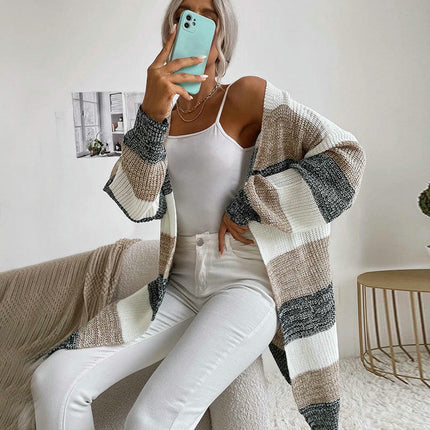 Loose Casual Cardigan Sweater Women's Striped Contrast Color Long Knitted Jacket