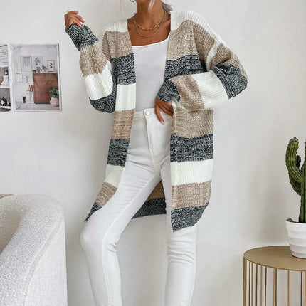 Loose Casual Cardigan Sweater Women's Striped Contrast Color Long Knitted Jacket