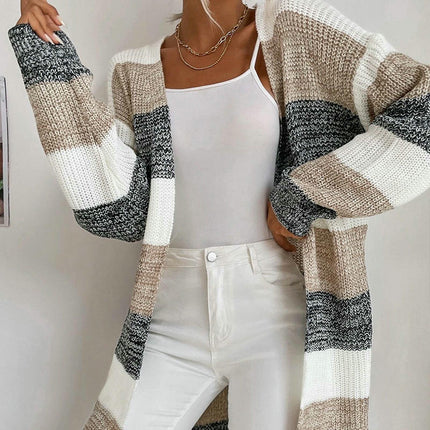 Loose Casual Cardigan Sweater Women's Striped Contrast Color Long Knitted Jacket