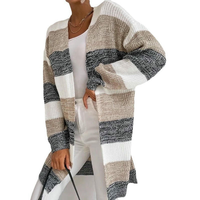 Loose Casual Cardigan Sweater Women's Striped Contrast Color Long Knitted Jacket