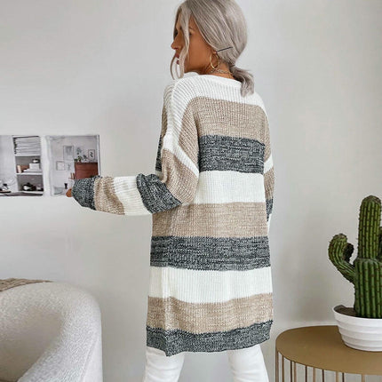 Loose Casual Cardigan Sweater Women's Striped Contrast Color Long Knitted Jacket