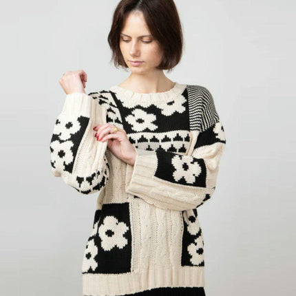 Winter Sweater Women's Square Floral Casual Loose Round Neck Pullover Cardigan