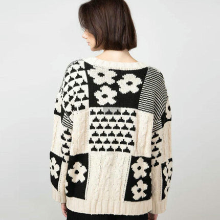 Winter Sweater Women's Square Floral Casual Loose Round Neck Pullover Cardigan