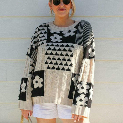 Winter Sweater Women's Square Floral Casual Loose Round Neck Pullover Cardigan