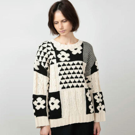 Winter Sweater Women's Square Floral Casual Loose Round Neck Pullover Cardigan