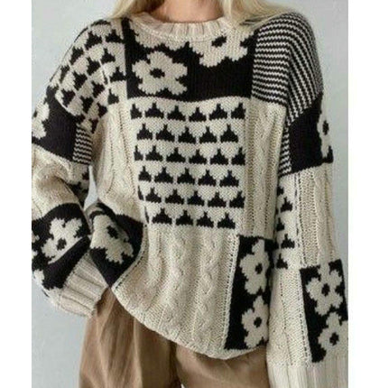 Winter Sweater Women's Square Floral Casual Loose Round Neck Pullover Cardigan