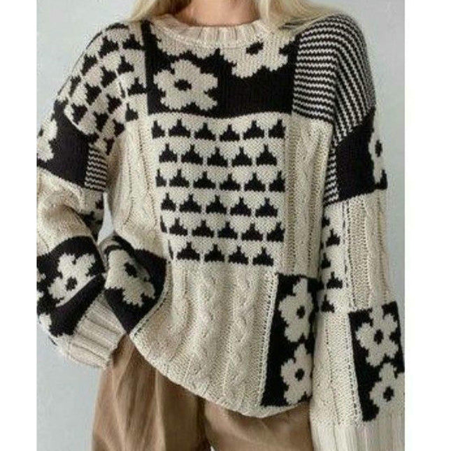 Winter Sweater Women's Square Floral Casual Loose Round Neck Pullover Cardigan