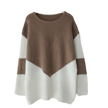 Women's Autumn Contrast Color Knitted Sweater Round Neck Long Sleeve Knitted Top