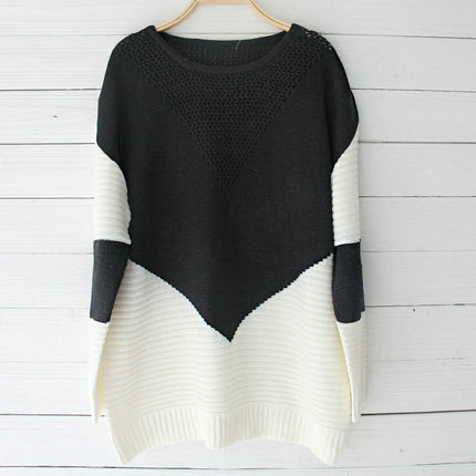 Women's Autumn Contrast Color Knitted Sweater Round Neck Long Sleeve Knitted Top