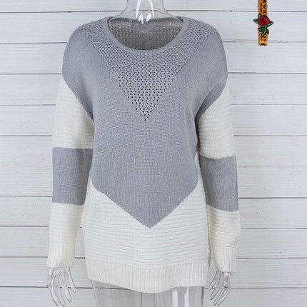 Women's Autumn Contrast Color Knitted Sweater Round Neck Long Sleeve Knitted Top