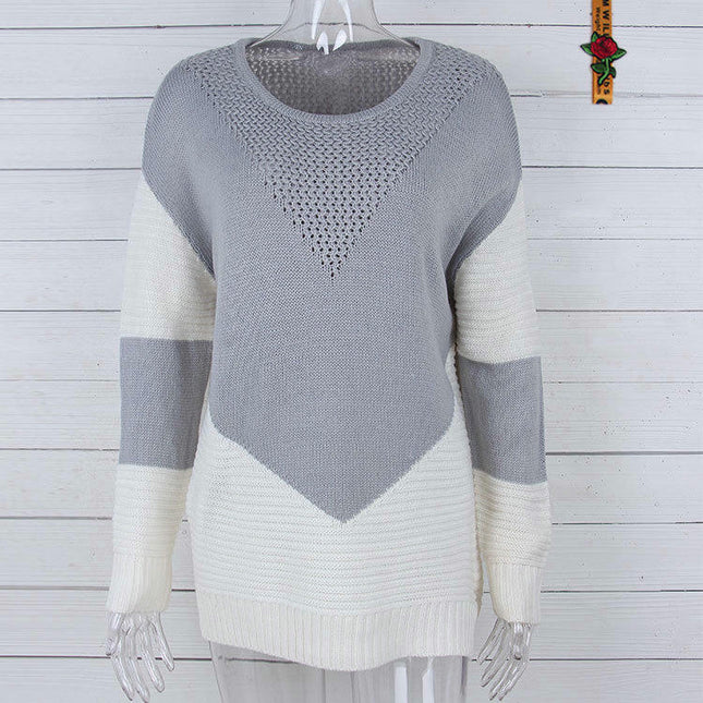 Women's Autumn Contrast Color Knitted Sweater Round Neck Long Sleeve Knitted Top
