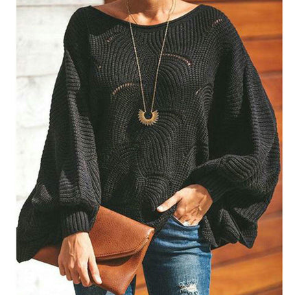 Women's Solid Color Hollow Sweater Round Neck Bat Sleeve Lazy Style Knitted Top