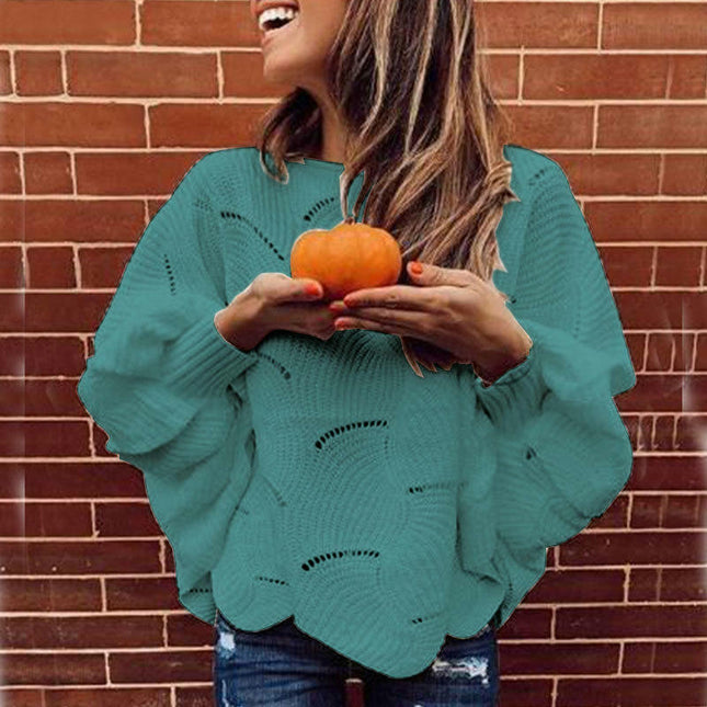 Women's Solid Color Hollow Sweater Round Neck Bat Sleeve Lazy Style Knitted Top