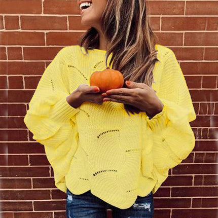 Women's Solid Color Hollow Sweater Round Neck Bat Sleeve Lazy Style Knitted Top