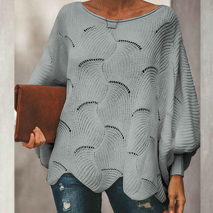 Women's Solid Color Hollow Sweater Round Neck Bat Sleeve Lazy Style Knitted Top