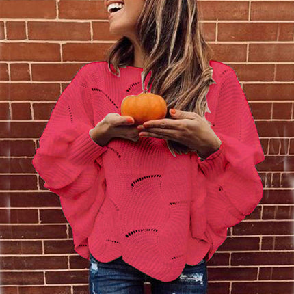 Women's Solid Color Hollow Sweater Round Neck Bat Sleeve Lazy Style Knitted Top