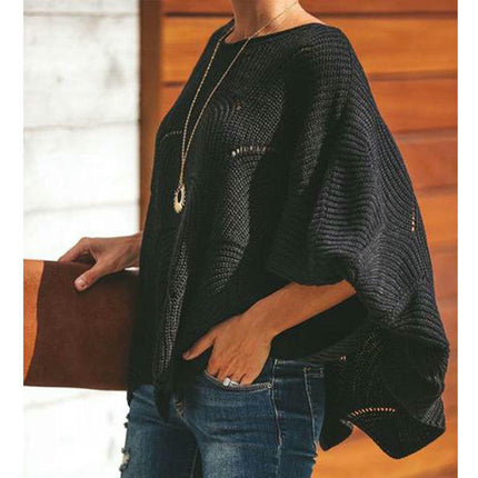 Women's Solid Color Hollow Sweater Round Neck Bat Sleeve Lazy Style Knitted Top