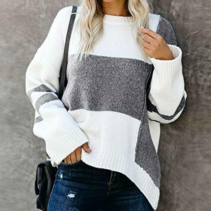 Women's Retro Sweater Contrast Color Stitching Round Neck Pullover Knit Top