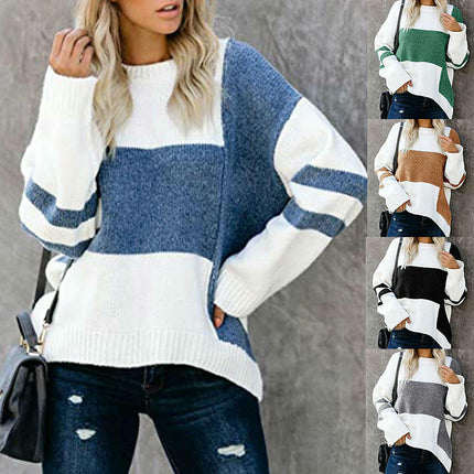 Women's Retro Sweater Contrast Color Stitching Round Neck Pullover Knit Top