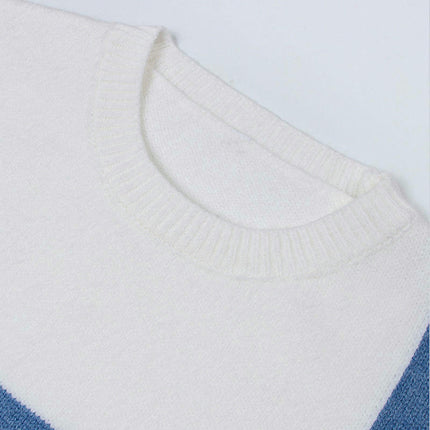 Women's Retro Sweater Contrast Color Stitching Round Neck Pullover Knit Top